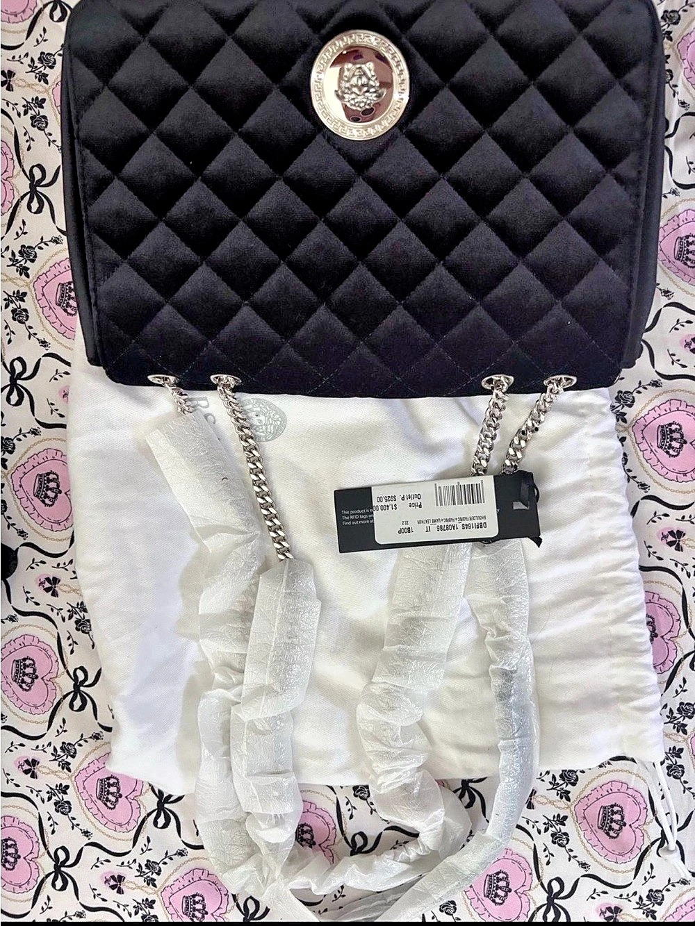 Versace Quilted Velvet Shoulder Bag in Black